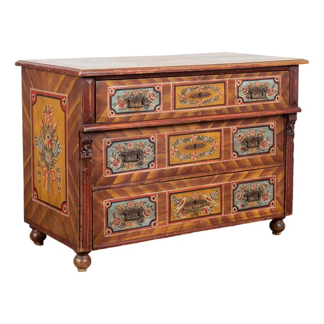 19th Century Original Hand Painted Large Pine Chest of Three Drawers From Hungary For Sale