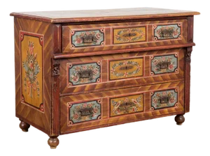 19th Century Original Hand Painted Large Pine Chest of Three Drawers From Hungary