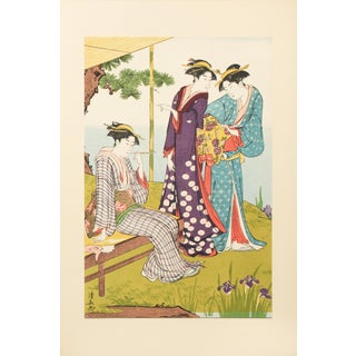 1964 After Kiyonaga "By the Side of a Pond Where Iris Flowers Bloom", Full-Color Print From Japan For Sale