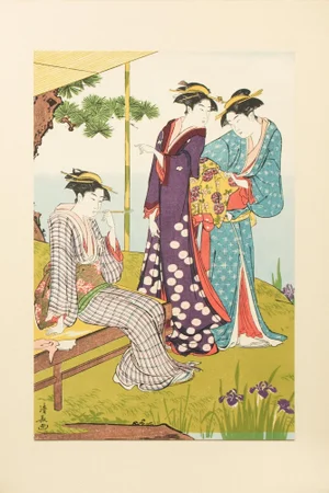 1964 After Kiyonaga "By the Side of a Pond Where Iris Flowers Bloom", Full-Color Print From Japan