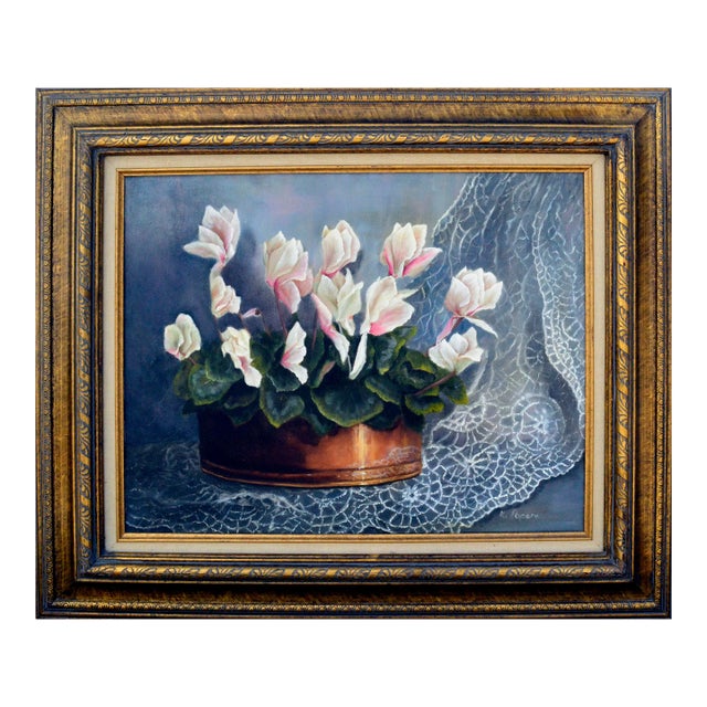 White Cyclamen & Lace Still Life by Katherine Popera For Sale