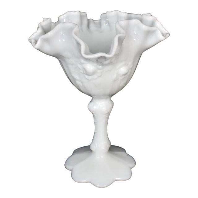 Vintage Fenton Milk Glass Small Pedestal Bowl Comport Compot Ruffled Rose Design For Sale