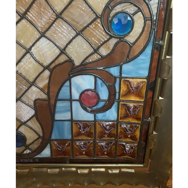 Antique Victorian Jeweled & Leaded Stained Glass Fireplace Screen For Sale - Image 11 of 11