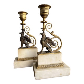19th Century French Bronze Gryphons Candleholders on Marble Bases, Pair For Sale