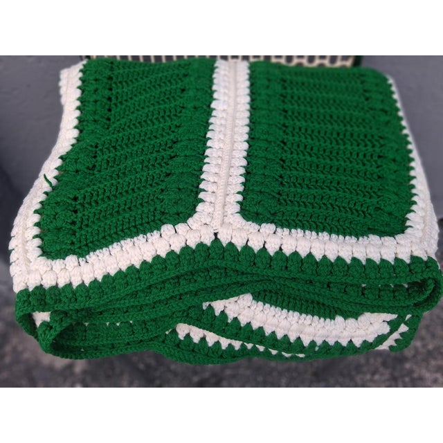 1960's Hand Knit Green/ White Blanket- Very Clean For Sale - Image 10 of 12