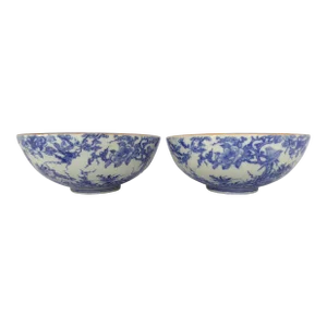 Blue & White Pair of Imari Ceramic Japanese Transfer Design Bowls, 1950s