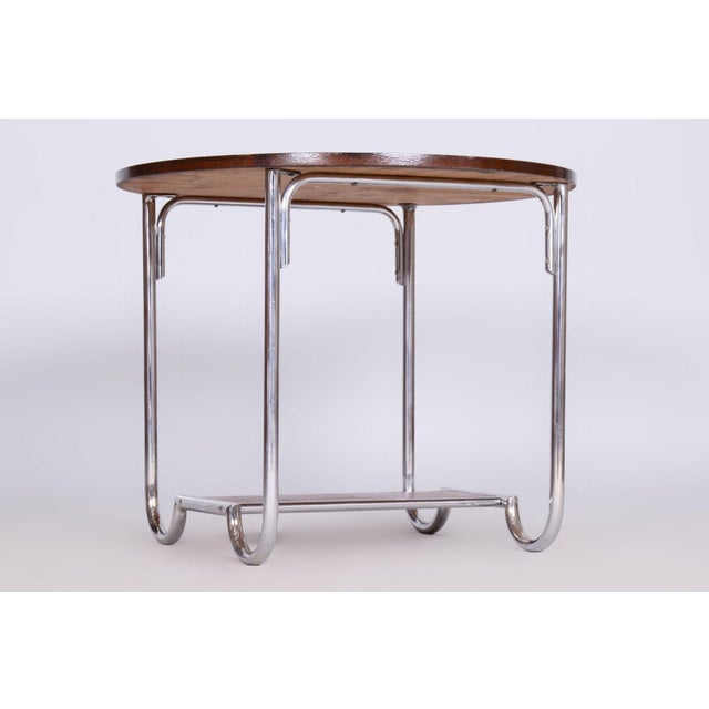 Small Czech Bauhaus Round Oak and Chrome-Plated Steel Side Table, 1930s For Sale - Image 9 of 10