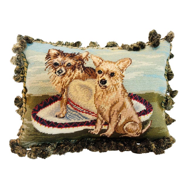 Vintage Throw Decorative Needlepoint Chihuahua Dogs Design Pillow For Sale
