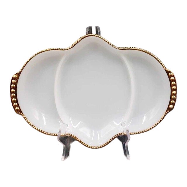 Vintage Fire King White Milk Glass Gold Trim Relish Tray Dish 3 Part Divided For Sale