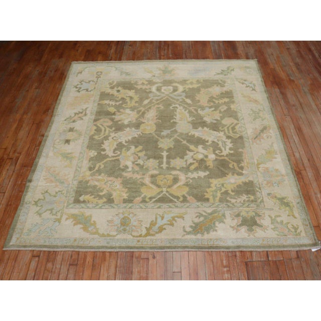 Contemporary Vintage Traditional Green Brown Oushak Rug - 7'11" x 9'6" For Sale - Image 3 of 9