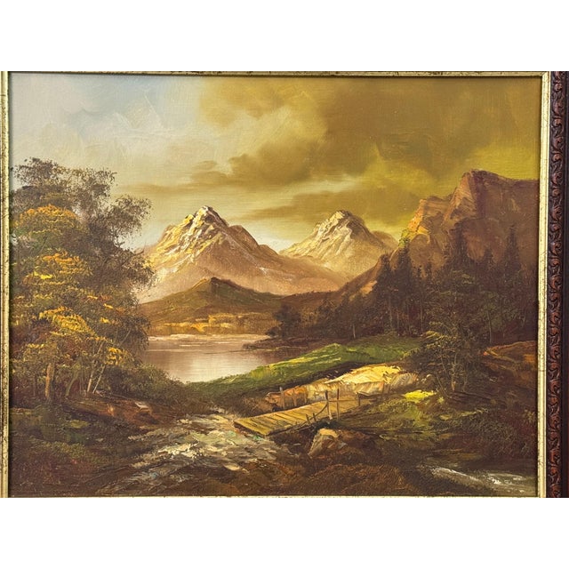 Gold Golden mountain peaks rise above a quiet river where light and solitude meet 1975 Circa For Sale - Image 8 of 17