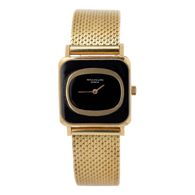 Vintage Patek Philippe 25mm Square Ellipse 18k Gold Black Dial Watch For Sale