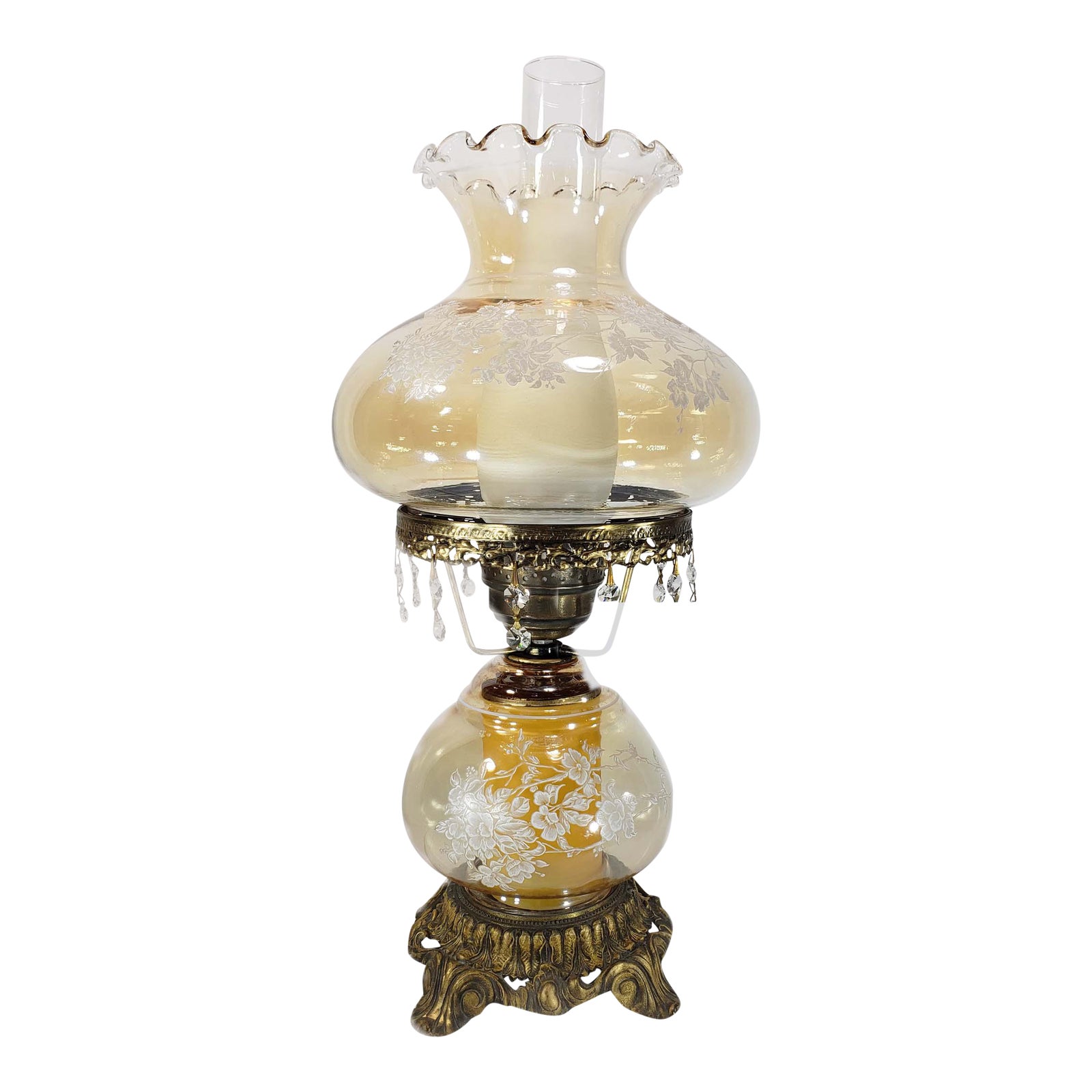 Vintage Large Victorian Hurricane Parlor Lamp Etched Glass Double Light