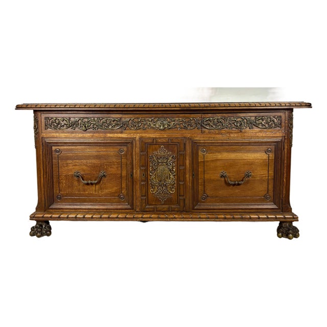 Large Henry II Style Oak Sideboard With Bronze Mounts, Early 20th Century For Sale