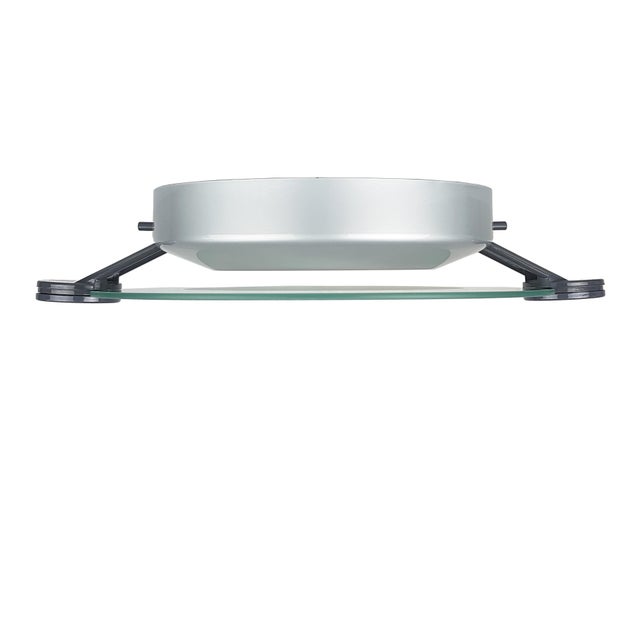 This postmodern wall or ceiling lamp is made from a grey plastic and silver metal structure with a round sandblasted glass...