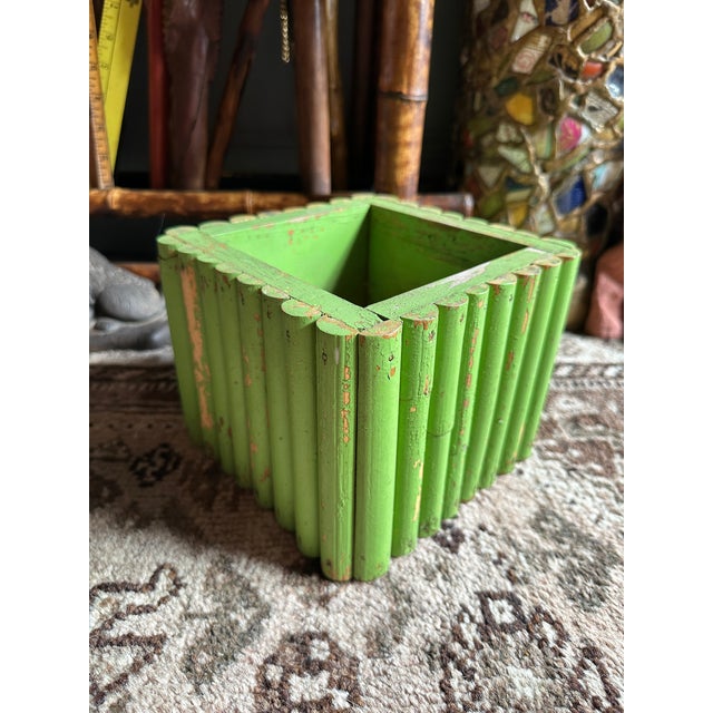 Vintage Folk Art Green Wooden Cachepot Hand Carved Slat Form Rustic Planter For Sale - Image 4 of 5