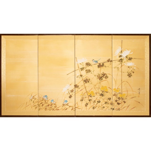 "Tit and Chrysanthemums", Showa Era Japanese Painted Silk Bybu Screen For Sale - Image 18 of 18