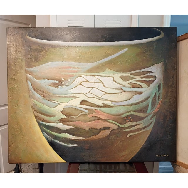 2010s Cris Auson Large Scale Still Life Oil Painting of Mission Swirl Art Pottery Vessel For Sale - Image 5 of 14