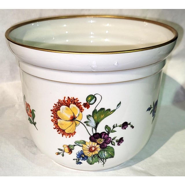 Spring flowers adorn this classic porcelain cachepot bowl from Bing & Grandahl of Copenhagen. Gold rimmed and mutli-use.