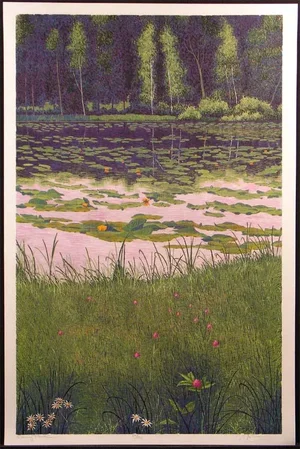 Gordon Mortensen "Evening Pond" Signed Waterlilies Woodcut
