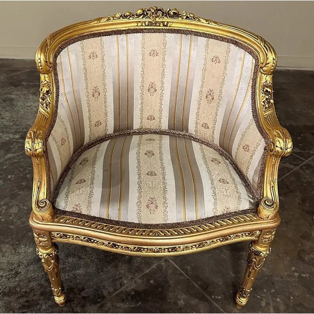 Wood Antique Italian Neoclassical Louis XVI Petite Giltwood Bergeres ~ Armchairs For Sale - Image 7 of 13