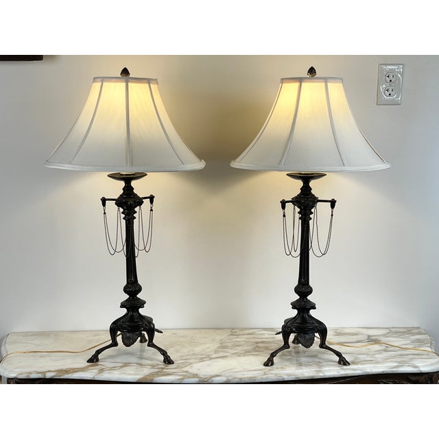 Bronze Vintage Pair French Empire Revival Table Lamps With Oil Rubbed Bronze Finish For Sale - Image 8 of 8