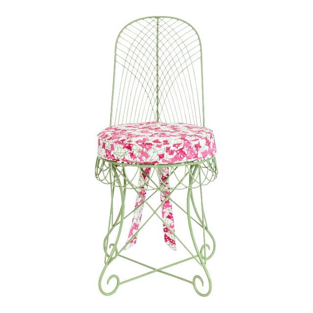Green Metal Garden Chair With Palm Orleans in Bougainvillea Fete in Ooh La La Fabric For Sale