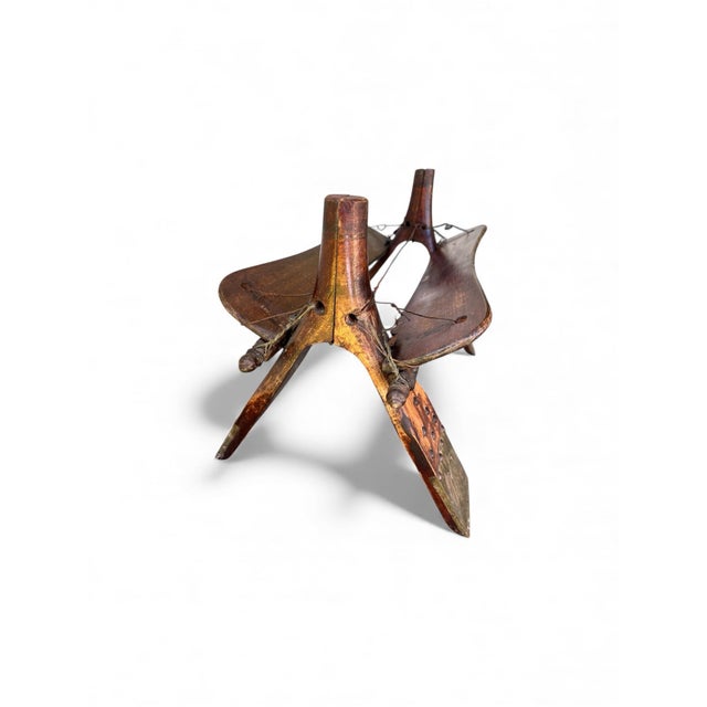 Tribal Antique Egyptian Camel Saddle Stool – Handcrafted Wood & Brass, Tribal Decor For Sale - Image 3 of 8