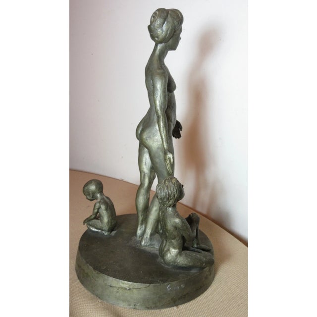 Metal Vintage Original Handmade Signed Solid Lead Nude Lady Mom Children Figure Statue For Sale - Image 7 of 12