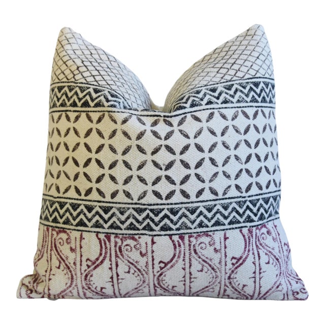 French Hand-Printed Red, White & Charcoal Cotton Feather /Down Pillow 19” Square For Sale