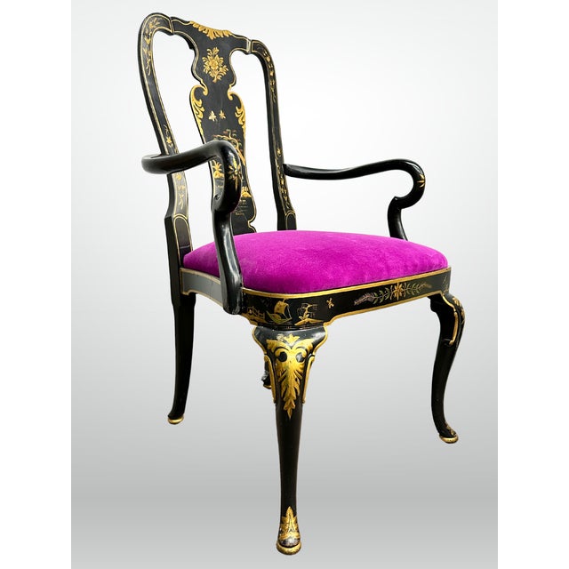 Kindel Queen Anne Hand Painted Chinoiserie Chairs Set of 6 Fuschia Velvet For Sale - Image 4 of 13