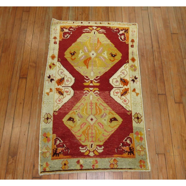 Vintage Turkish Oushak Red Field Scatter Rug For Sale - Image 4 of 6