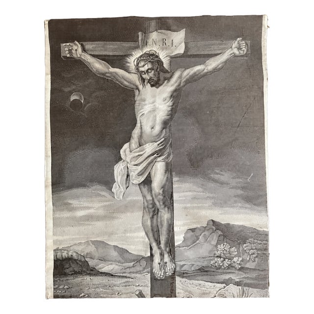 Antique French Jacquard Woven Silk Crucifixion by Verzier Bonnart & Cie, Lyon, 1840s For Sale