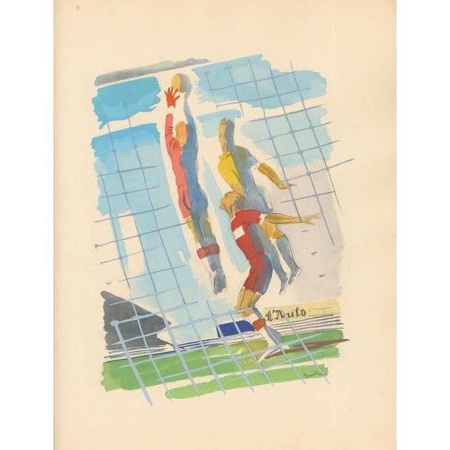 Original 1932 Art Deco sporting print by Milivoj Uzelac depicting volleyball players leaping at the net. From Les Joies du...
