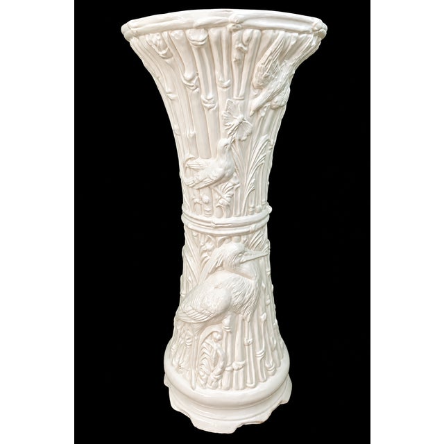 Vintage Palm Beach Coastal Chinoiserie Plaster Plant Stand Pedestal With Crane and Bamboo Design For Sale In Naples, FL - Image 6 of 6