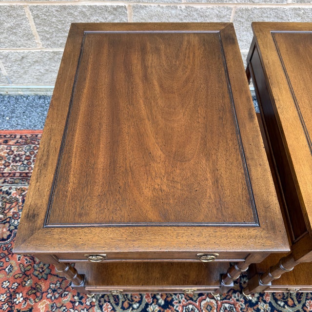 Vintage Hekman Traditional Regency Walnut 2 Drawer Tiered Cane Cut Side Tables - A Pair For Sale In Philadelphia - Image 6 of 15