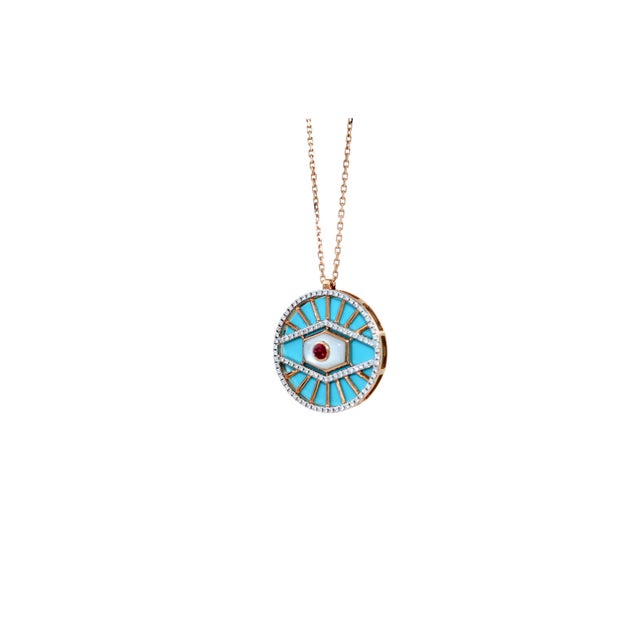 Contemporary Diamond Halo Evil Eye Turquoise 18k Rose Gold Pendant Charm Medallion Necklace For Sale - Image 3 of 18