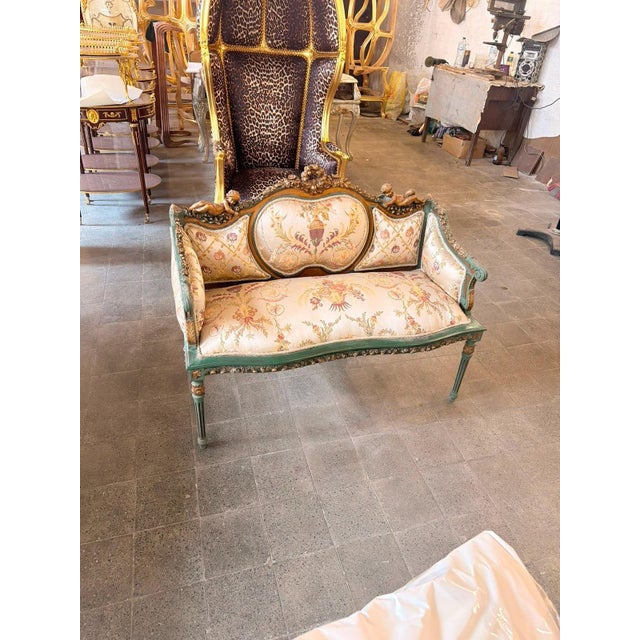 French Vintage Louis XVI Cherub Sofa Biege & Sage Green For Sale - Image 3 of 7