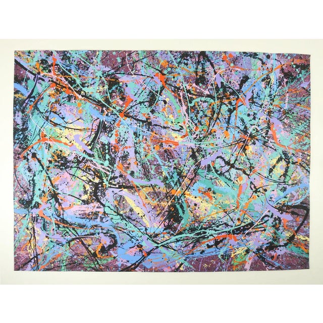 Contemporary Large Abstract Expressionist Drip Painting Turquoise Lavender Splatter Art in the Style of Jackson Pollock For Sale - Image 3 of 3