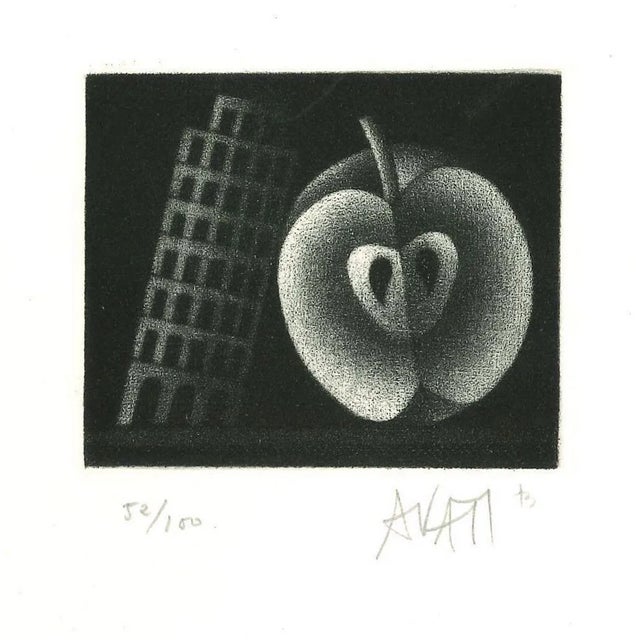 Apple and Tower - Original Etching on Paper by Mario Avati - 1960s 1960s For Sale