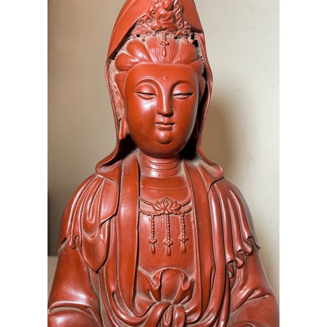 Large Antique Chinese Signed Guanyin Red Lacquer Cinnabar Statue Sculpture For Sale - Image 11 of 17