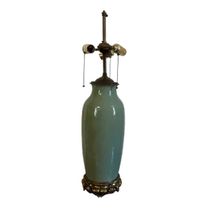 Antique Chinese Monochrome Porcelain Cylinder Vase With Celadon Glaze Mounted as a Table Lamp