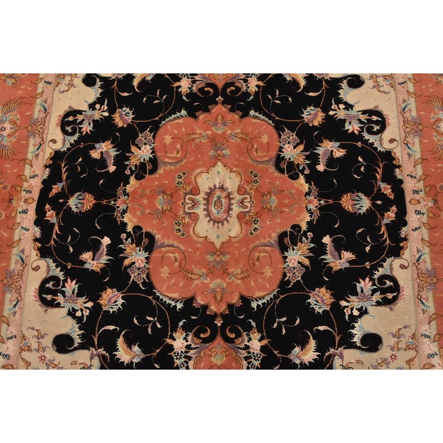 2000 - 2009 Fine Tabriz Rug 5′ X 6’8” Black Wool/Silk Traditional Hand-Knotted Carpet For Sale - Image 5 of 15