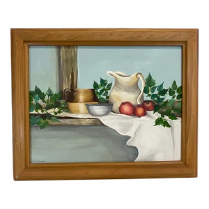 Mid-Century Original Oil Painting, Impressionist Still Life Pitcher, Fruit and Ivy, Artist Signed.