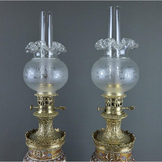 Late 19th Century Satsuma Porcelain and Bronze Oil Lamps, Japan, Set of 2 For Sale - Image 5 of 18