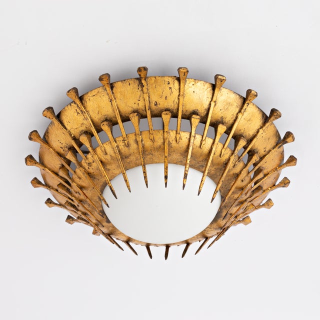 Mid 20th Century Brutalist Spanish Sunburst Flush Mount Gilded Iron For Sale - Image 6 of 7