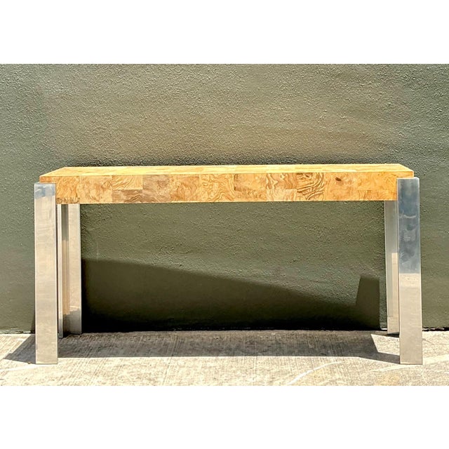 Vintage Laminate Burl Wood and Chrome Console Table For Sale - Image 12 of 18