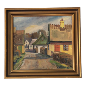 Vintage Original Cottage Oil Painting: Framed Countryside Art
