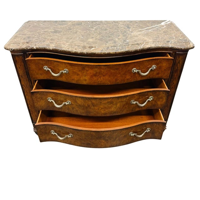 1980s 1980s Henredon French Provincial Burl Walnut Three-Drawer Marble Top Serpentine Commode Chest / Dresser For Sale - Image 5 of 12