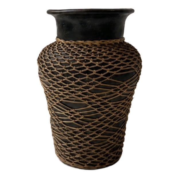 Ceramic Vase with Woven Rattan Sleeve For Sale